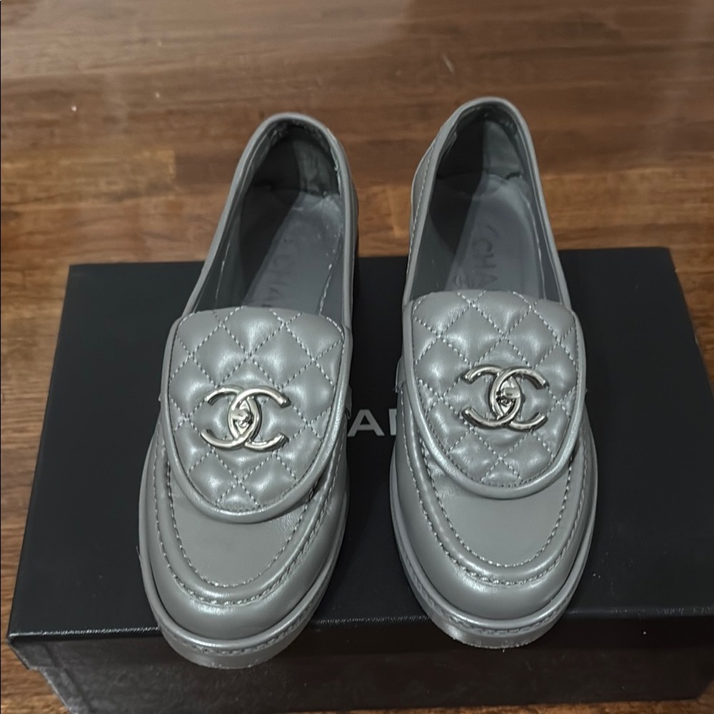 CHANEL Silver Quilted Loafers
